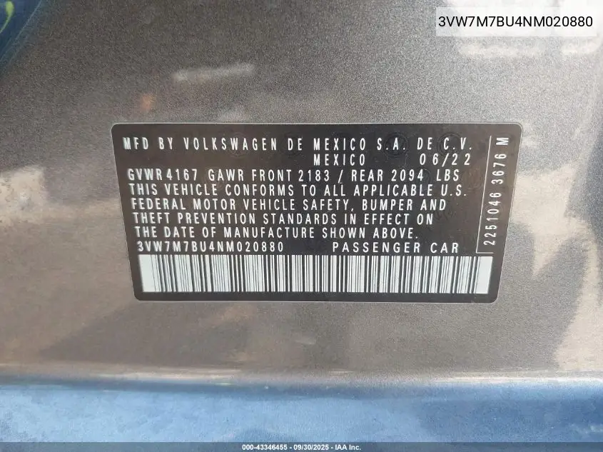3VW7M7BU4NM020880 2022 Volkswagen Jetta 1.5T Se