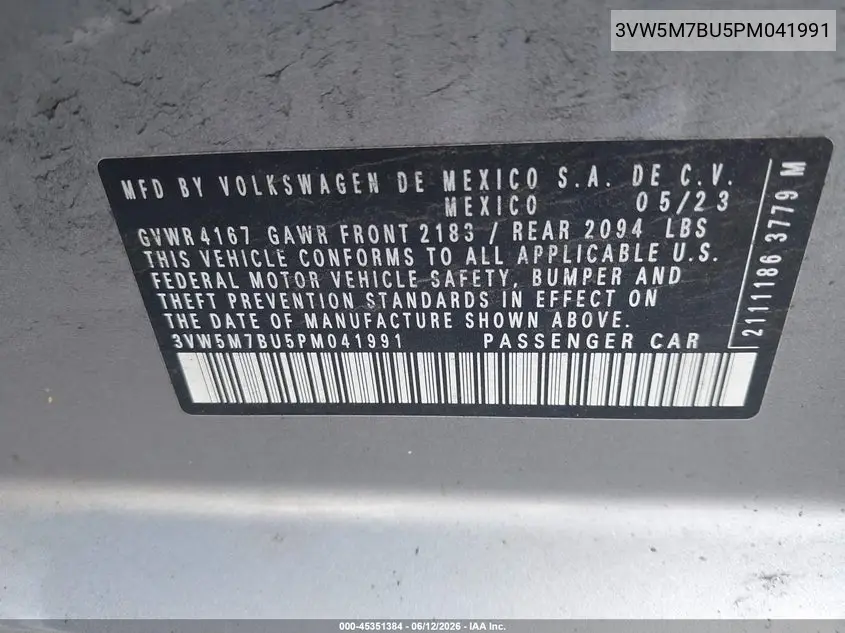 2023 Volkswagen Jetta 1.5T S VIN: 3VW5M7BU5PM041991 Lot: 45351384