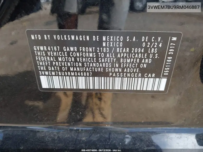 2024 Volkswagen Jetta 1.5T Se VIN: 3VWEM7BU9RM046887 Lot: 45374806