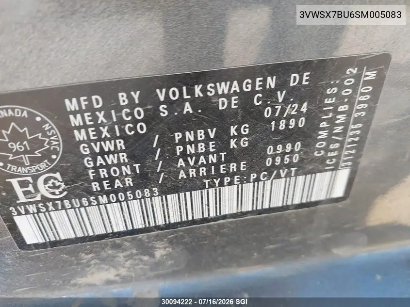 2025 Volkswagen Jetta Comfortline VIN: 3VWSX7BU6SM005083 Lot: 30094222