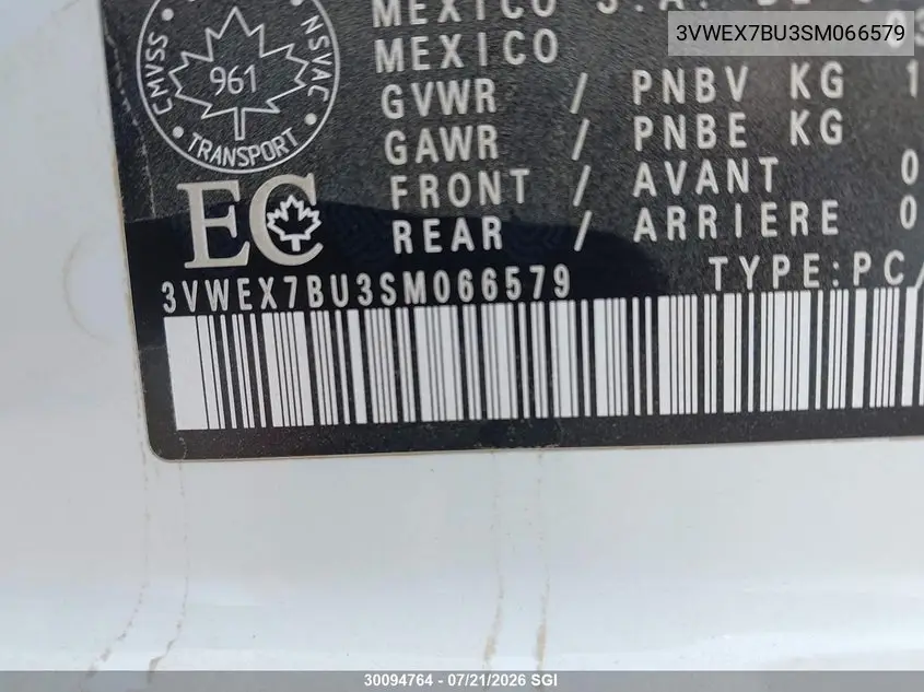 2025 Volkswagen Jetta Se VIN: 3VWEX7BU3SM066579 Lot: 30094764