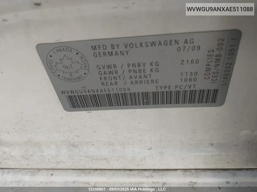 2010 Volkswagen Passat Cc Highline V6 VIN: WVWGU9ANXAE511088 Lot: 12395601