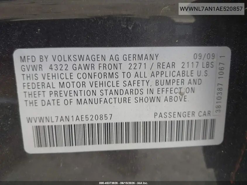 2010 Volkswagen Cc Sport VIN: WVWNL7AN1AE520857 Lot: 45373926