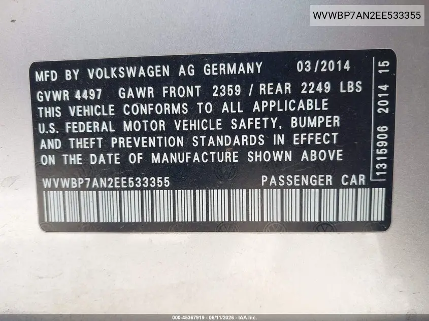 2014 Volkswagen Cc 2.0T R-Line VIN: WVWBP7AN2EE533355 Lot: 45367919