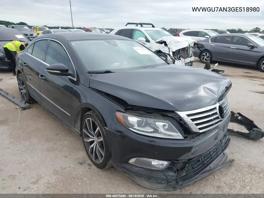 2016 Volkswagen Cc 3.6L V6 Executive VIN: WVWGU7AN3GE518980 Lot: 45375480