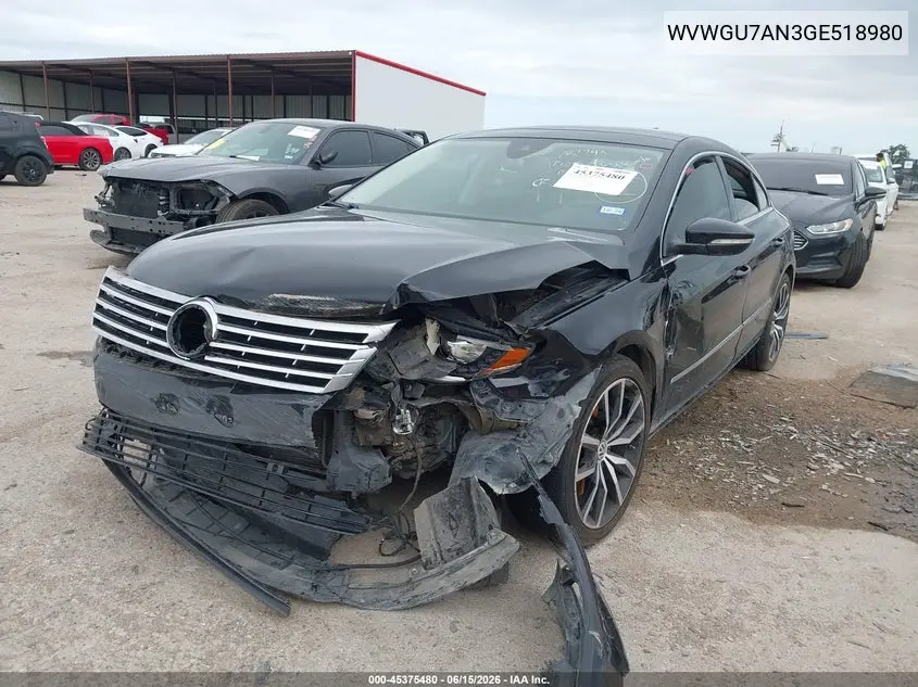 2016 Volkswagen Cc 3.6L V6 Executive VIN: WVWGU7AN3GE518980 Lot: 45375480