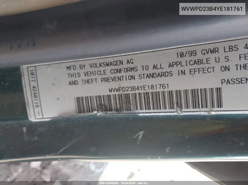 WVWPD23B4YE181761 2000 Volkswagen Passat Glx