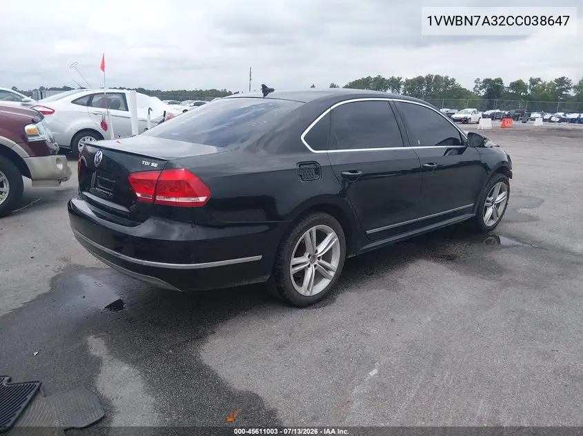 2012 Volkswagen Passat 2.0L Tdi Se VIN: 1VWBN7A32CC038647 Lot: 45611003