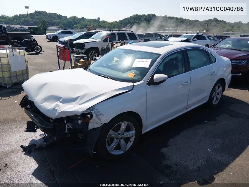 2012 Volkswagen Passat 2.5L Se VIN: 1VWBP7A31CC040786 Lot: 45660003
