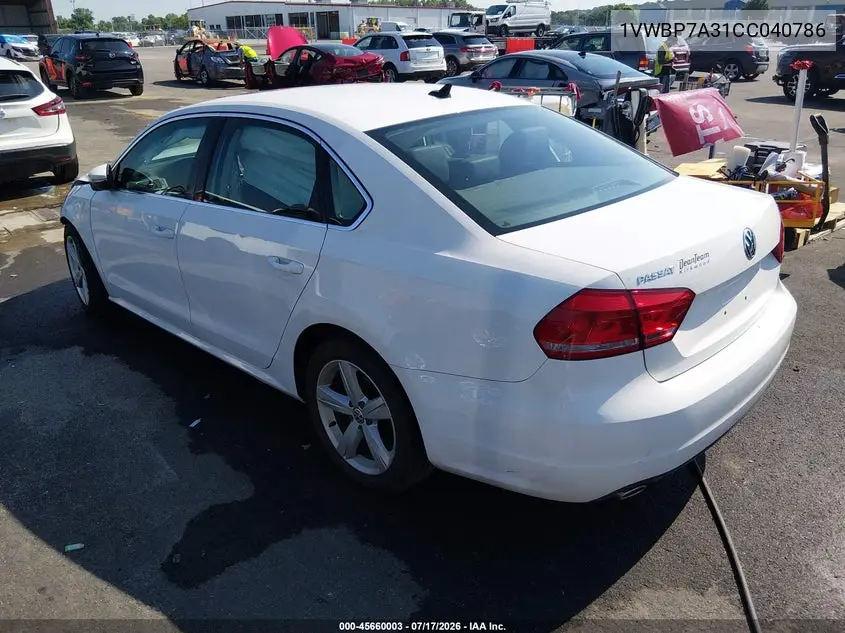 2012 Volkswagen Passat 2.5L Se VIN: 1VWBP7A31CC040786 Lot: 45660003