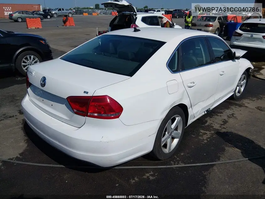 2012 Volkswagen Passat 2.5L Se VIN: 1VWBP7A31CC040786 Lot: 45660003