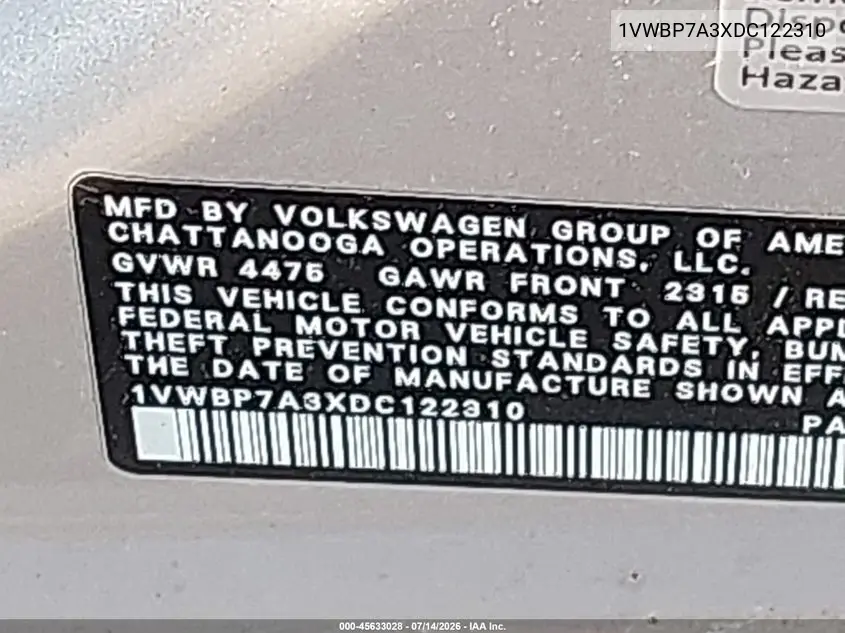 2013 Volkswagen Passat 2.5L Se VIN: 1VWBP7A3XDC122310 Lot: 45633028