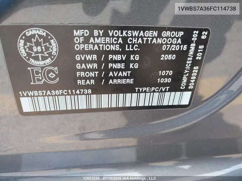 2015 Volkswagen Passat 1.8 Tsi Comfortline VIN: 1VWBS7A36FC114738 Lot: 12653830