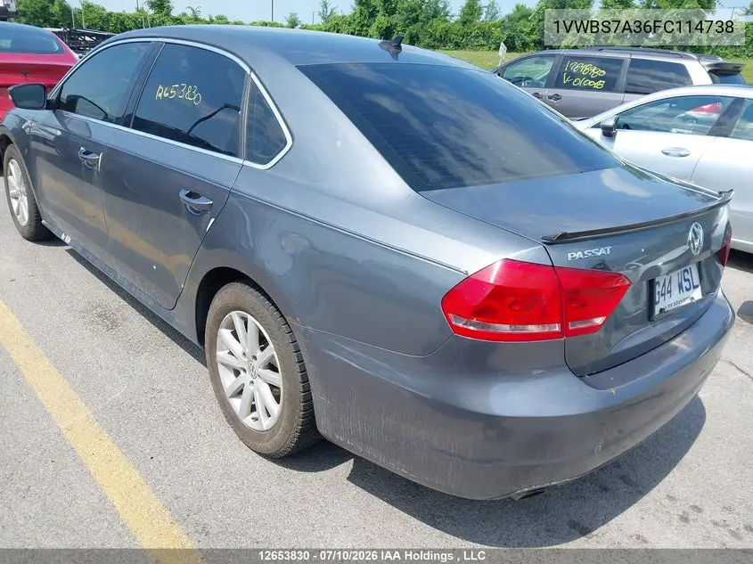 2015 Volkswagen Passat 1.8 Tsi Comfortline VIN: 1VWBS7A36FC114738 Lot: 12653830