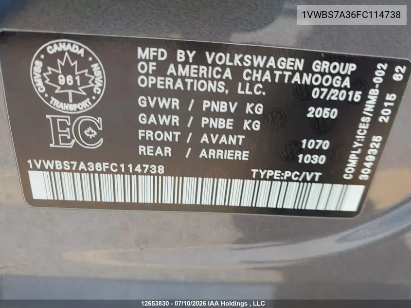 2015 Volkswagen Passat 1.8 Tsi Comfortline VIN: 1VWBS7A36FC114738 Lot: 12653830
