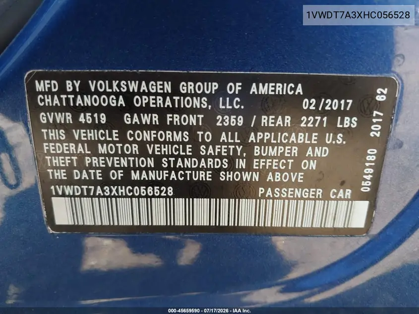 2017 Volkswagen Passat 1.8T R-Line VIN: 1VWDT7A3XHC056528 Lot: 45659590