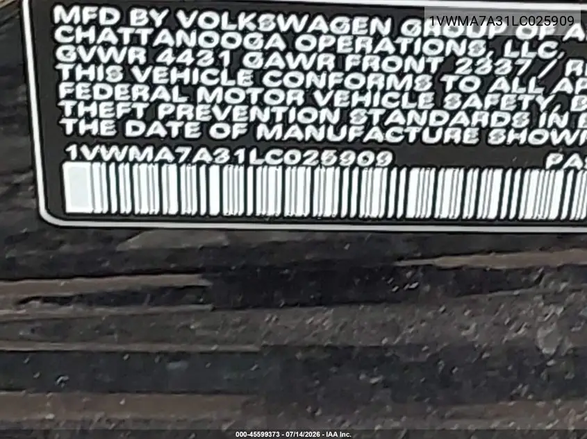 2020 Volkswagen Passat 2.0T R-Line VIN: 1VWMA7A31LC025909 Lot: 45599373