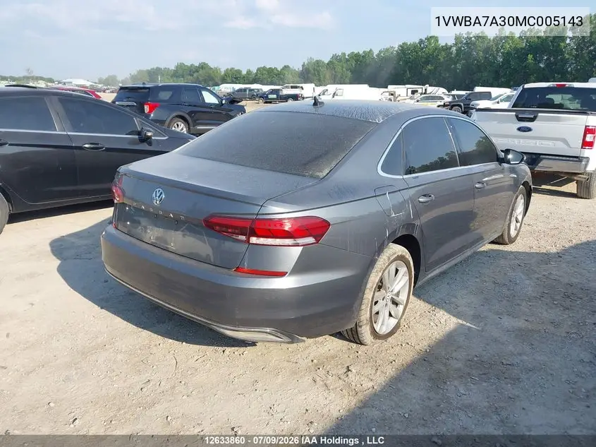 2021 Volkswagen Passat VIN: 1VWBA7A30MC005143 Lot: 12633860