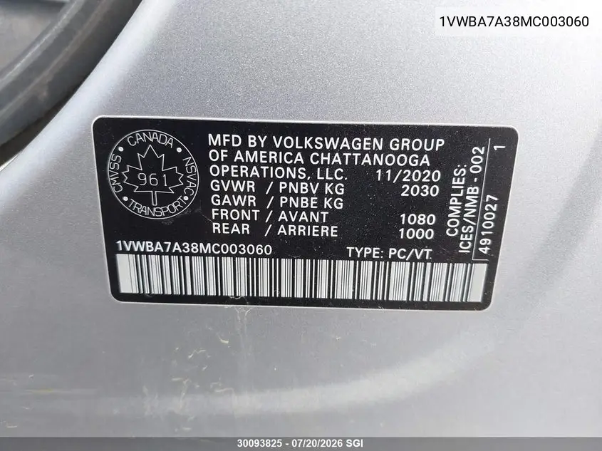 2021 Volkswagen Passat Highline VIN: 1VWBA7A38MC003060 Lot: 30093825