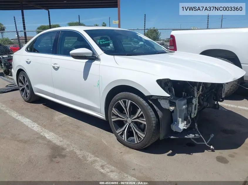 2022 Volkswagen Passat 2.0T Se VIN: 1VWSA7A37NC003360 Lot: 45336893