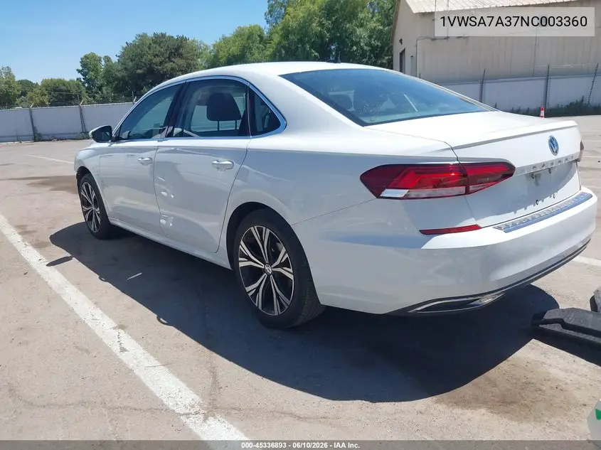 2022 Volkswagen Passat 2.0T Se VIN: 1VWSA7A37NC003360 Lot: 45336893