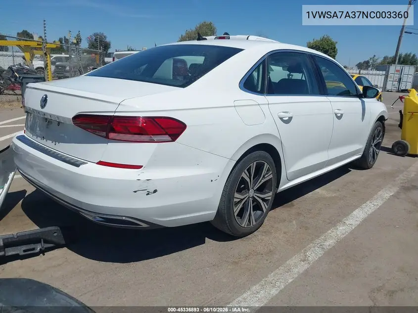2022 Volkswagen Passat 2.0T Se VIN: 1VWSA7A37NC003360 Lot: 45336893