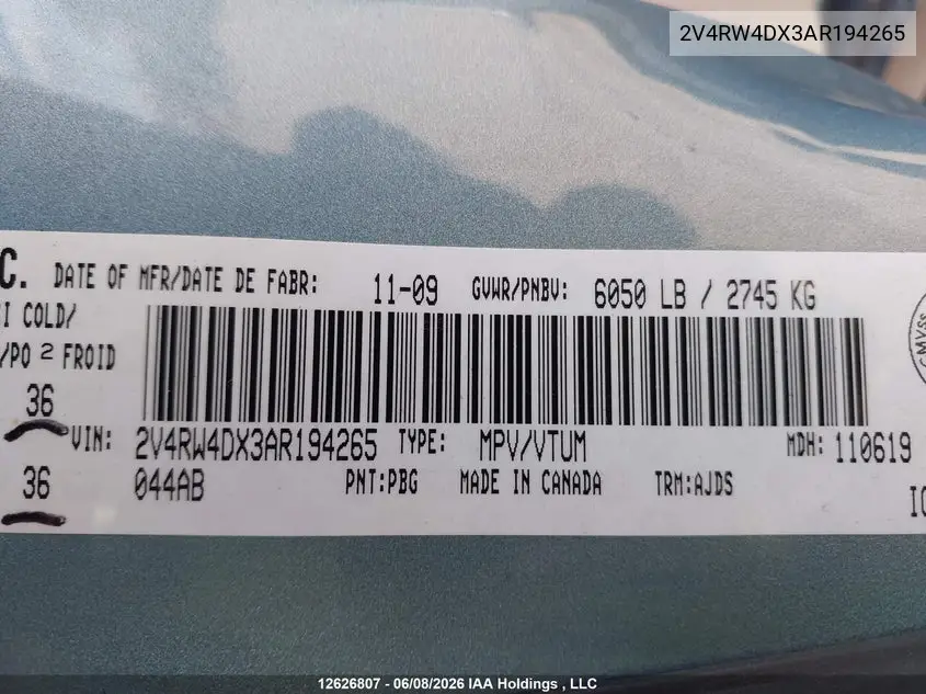 2010 Volkswagen Routan Trendline VIN: 2V4RW4DX3AR194265 Lot: 12626807