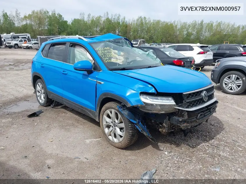 2022 Volkswagen Taos VIN: 3VVEX7B2XNM000957 Lot: 12616402