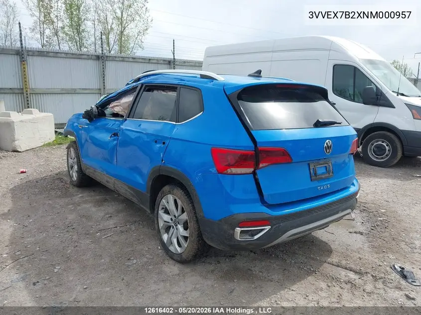 2022 Volkswagen Taos VIN: 3VVEX7B2XNM000957 Lot: 12616402