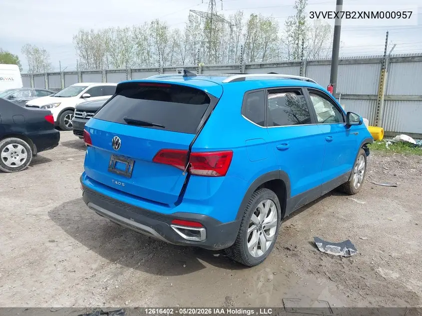 2022 Volkswagen Taos VIN: 3VVEX7B2XNM000957 Lot: 12616402