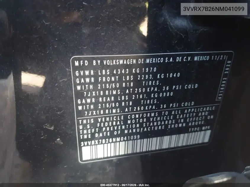 2022 Volkswagen Taos 1.5T Se VIN: 3VVRX7B26NM041099 Lot: 45377912