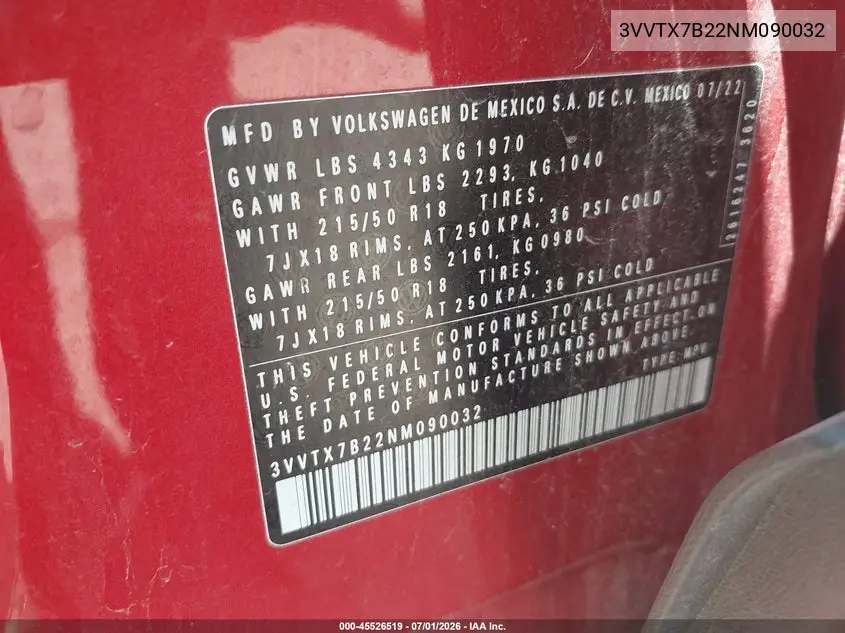 2022 Volkswagen Taos 1.5T Se VIN: 3VVTX7B22NM090032 Lot: 45526519