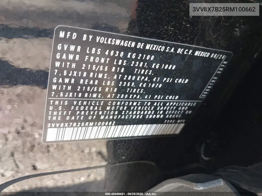 2024 Volkswagen Taos 1.5T S VIN: 3VV8X7B25RM100662 Lot: 45449451