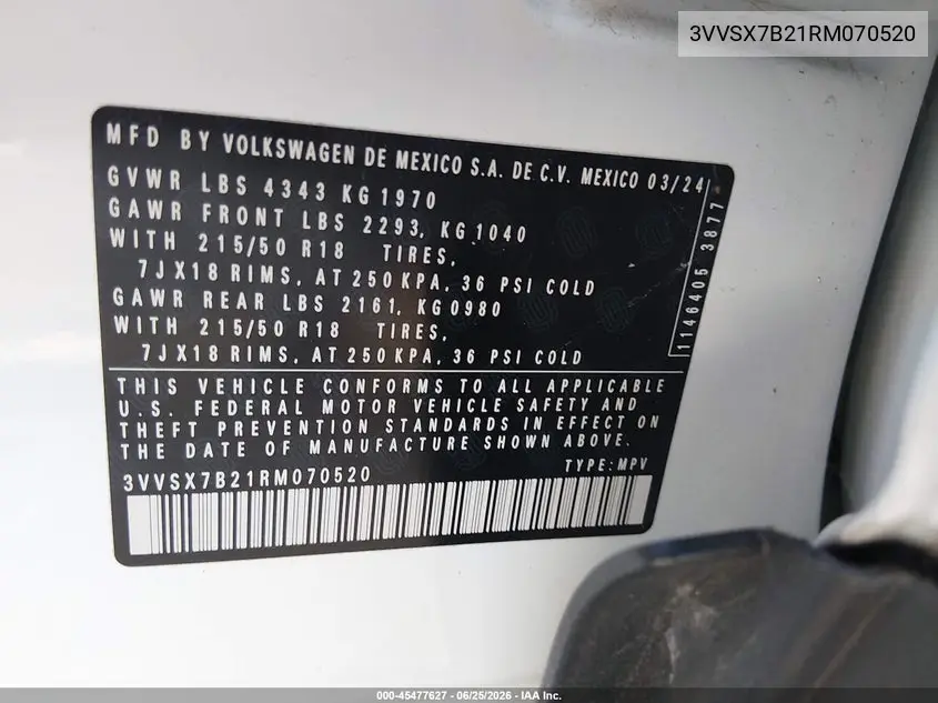 2024 Volkswagen Taos 1.5T Se VIN: 3VVSX7B21RM070520 Lot: 45477627