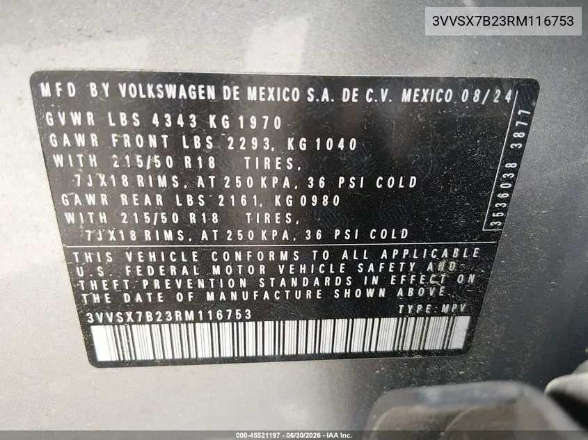 2024 Volkswagen Taos 1.5T Se VIN: 3VVSX7B23RM116753 Lot: 45521197