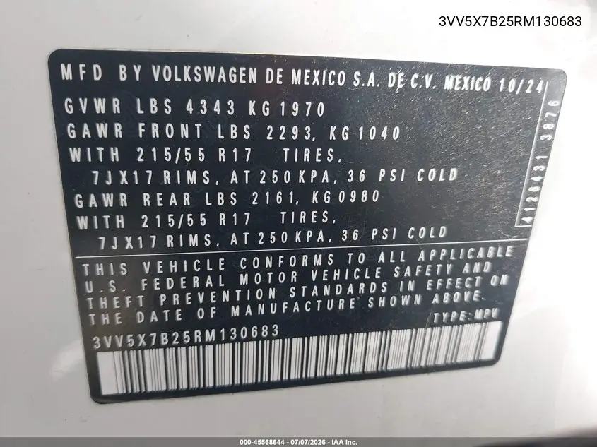 2024 Volkswagen Taos 1.5T S VIN: 3VV5X7B25RM130683 Lot: 45568644