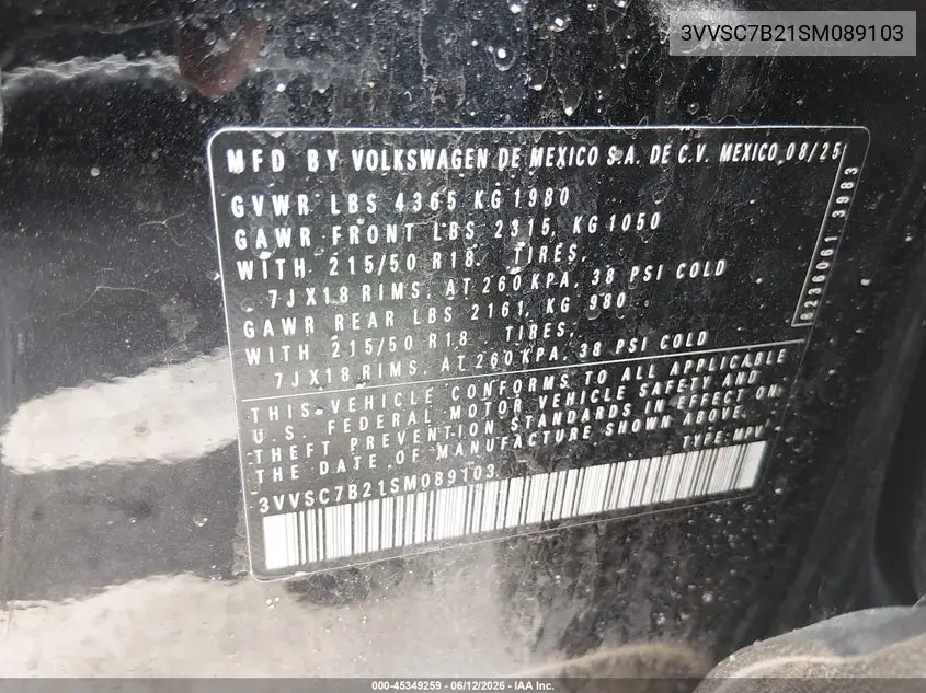 2025 Volkswagen Taos 1.5T Se VIN: 3VVSC7B21SM089103 Lot: 45349259