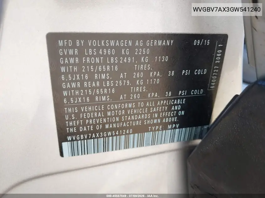 2016 Volkswagen Tiguan S VIN: WVGBV7AX3GW541240 Lot: 45587049
