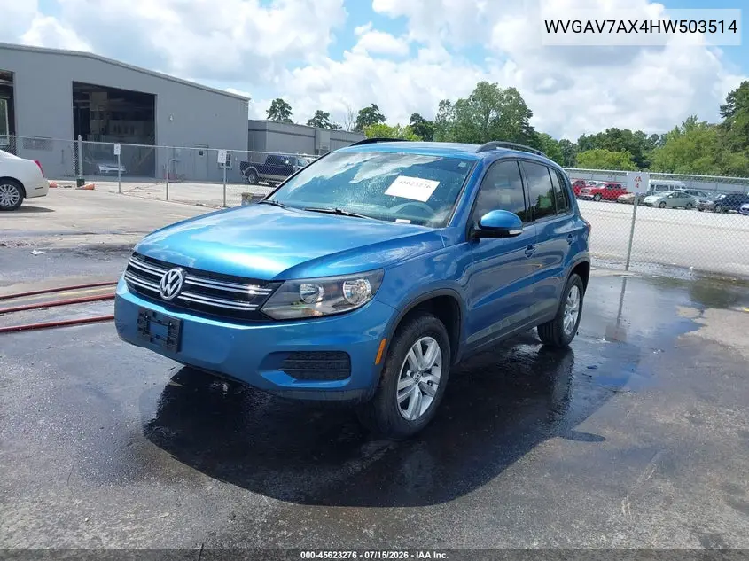 2017 Volkswagen Tiguan 2.0T S VIN: WVGAV7AX4HW503514 Lot: 45623276