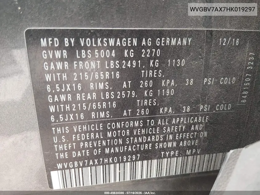 2017 Volkswagen Tiguan 2.0T/2.0T S VIN: WVGBV7AX7HK019297 Lot: 45630386