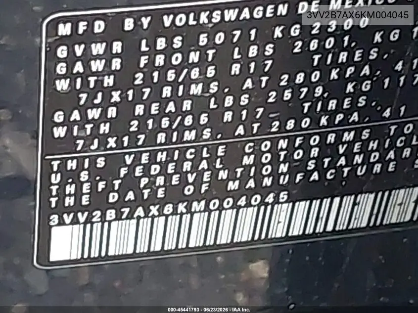2019 Volkswagen Tiguan 2.0T Se/2.0T Sel/2.0T Sel R-Line/2.0T Sel R-Line Black VIN: 3VV2B7AX6KM004045 Lot: 45441793