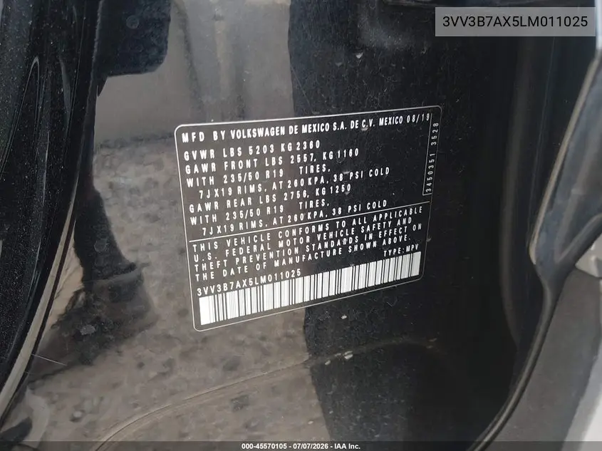 2020 Volkswagen Tiguan 2.0T Se/2.0T Se R-Line Black/2.0T Sel VIN: 3VV3B7AX5LM011025 Lot: 45570105