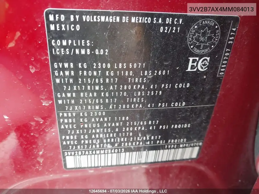 2021 Volkswagen Tiguan VIN: 3VV2B7AX4MM084013 Lot: 12645694