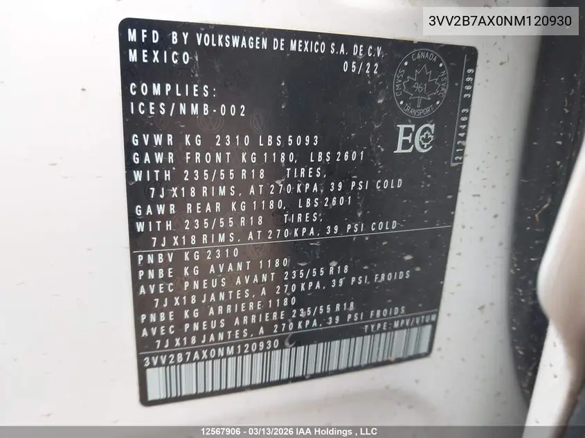 2022 Volkswagen Tiguan Comfortline VIN: 3VV2B7AX0NM120930 Lot: 12567906