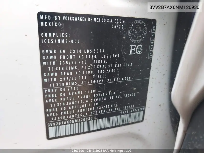 2022 Volkswagen Tiguan Comfortline VIN: 3VV2B7AX0NM120930 Lot: 12567906