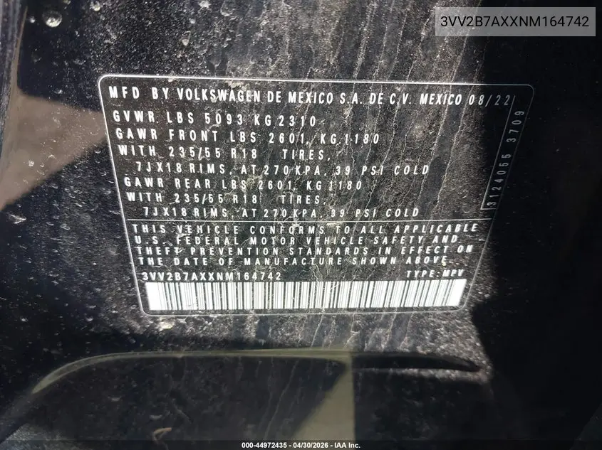 2022 Volkswagen Tiguan 2.0T Se VIN: 3VV2B7AXXNM164742 Lot: 44972435