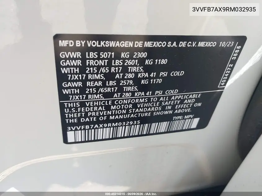 2024 Volkswagen Tiguan 2.0T S VIN: 3VVFB7AX9RM032935 Lot: 45314315