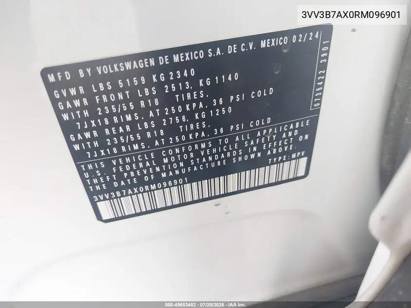 2024 Volkswagen Tiguan 2.0T Se/2.0T Wolfsburg Edition VIN: 3VV3B7AX0RM096901 Lot: 45653482