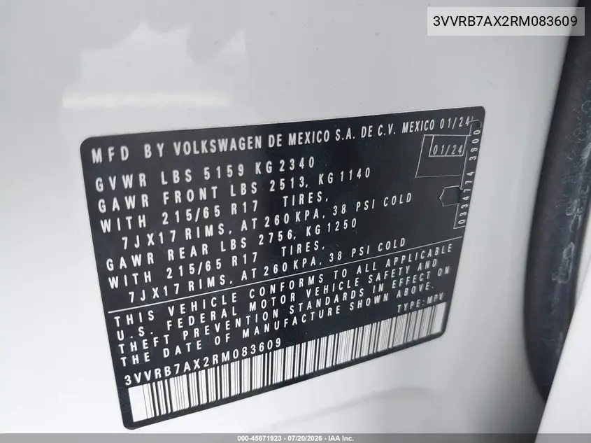 2024 Volkswagen Tiguan 2.0T S VIN: 3VVRB7AX2RM083609 Lot: 45671923