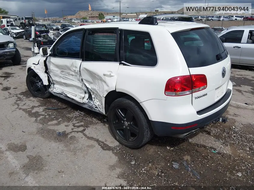 2004 Volkswagen Touareg V8 VIN: WVGEM77L94D043944 Lot: 44757675